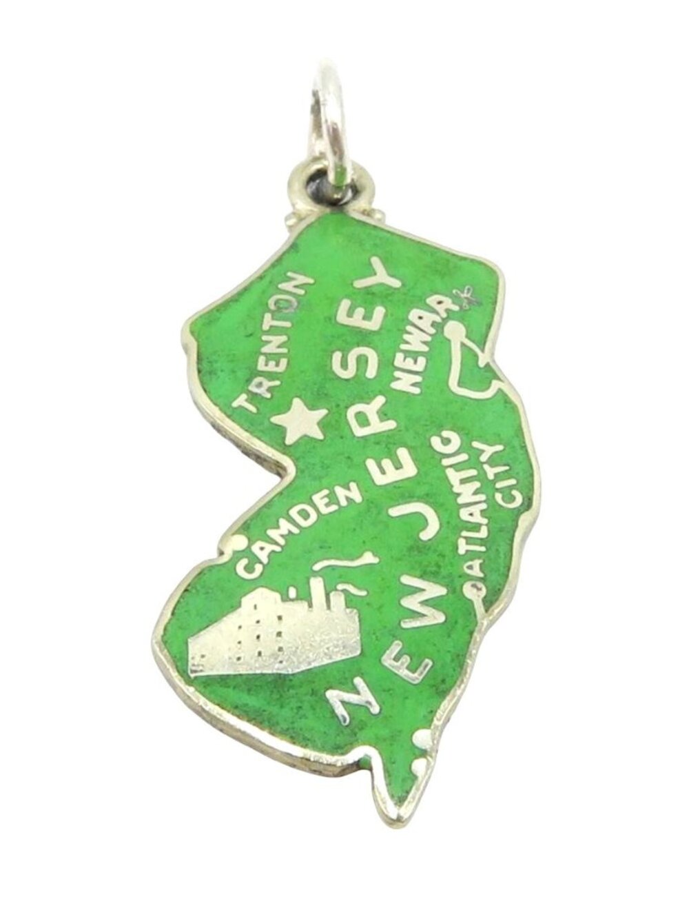 Vintage Wells Sterling Silver Enamel Map of NJ Garden State Travel Charm